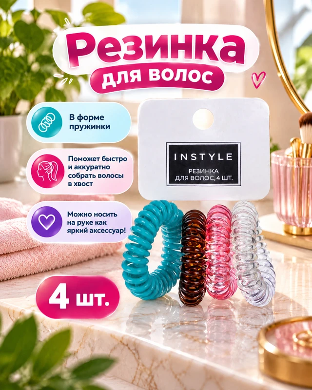 Резинка для волос, INSTYLE, 4 шт., в ассортименте