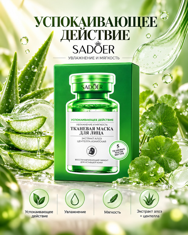 Маска тканевая для лица, SADOER, 5x25 г, в ассортименте