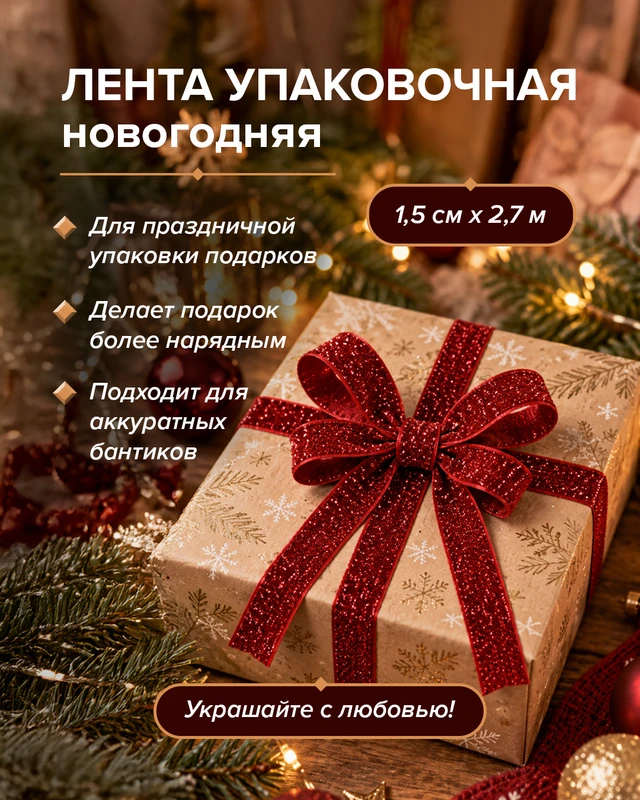 Лента упаковочная новогодняя, Снежное кружево, 1,5 см х 2,7 м, в ассортименте