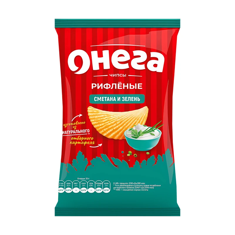 Чипсы рифлёные, Онега, сметана и зелень, 67 г