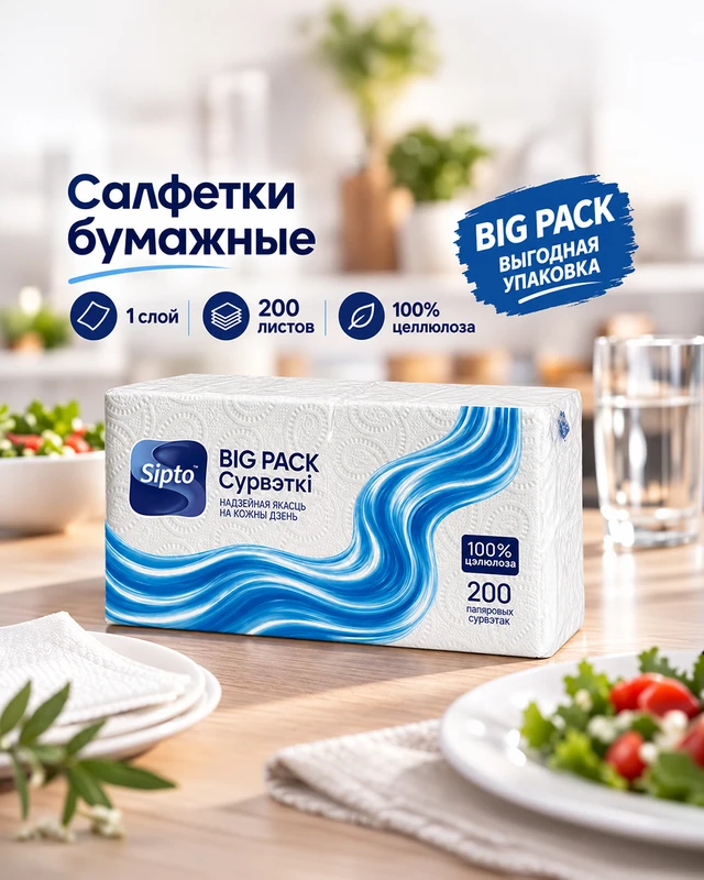 Бумажные салфетки, Sipto, 200 шт.