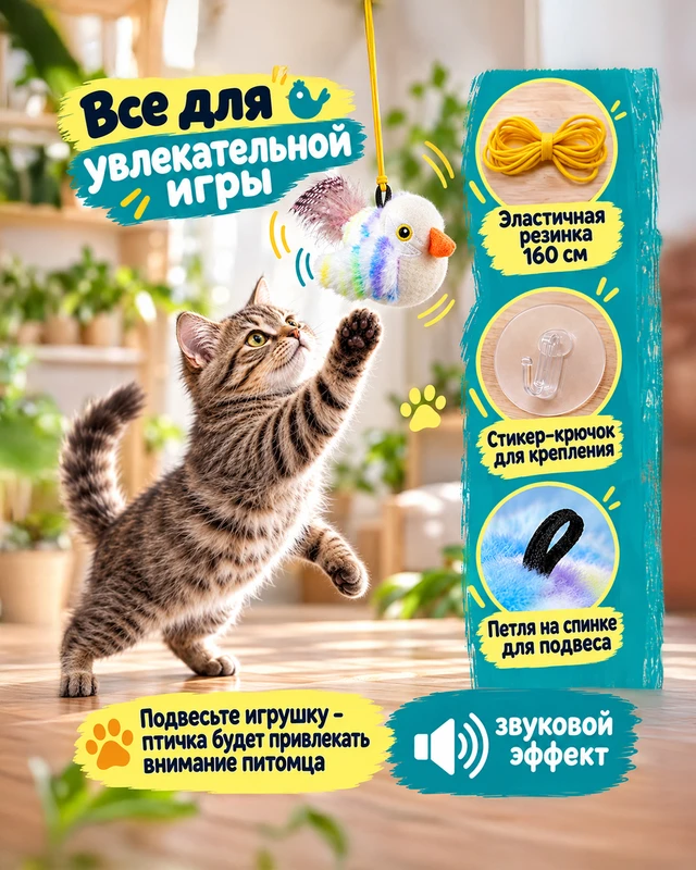 Игрушка для кошек "Птичка со звуком", Pet Club, 10 см, в ассортименте