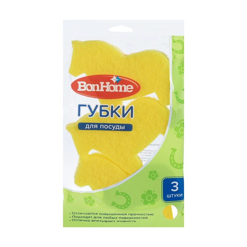 Губки для мытья посуды, BonHome, 3 шт., в ассортименте