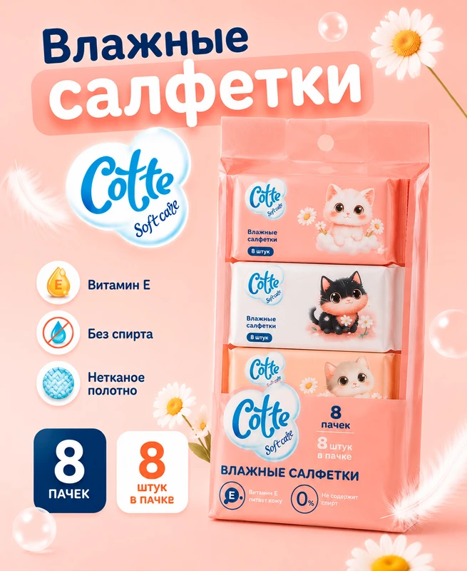 Влажные салфетки, Cotte, 8 шт., 8 пачек