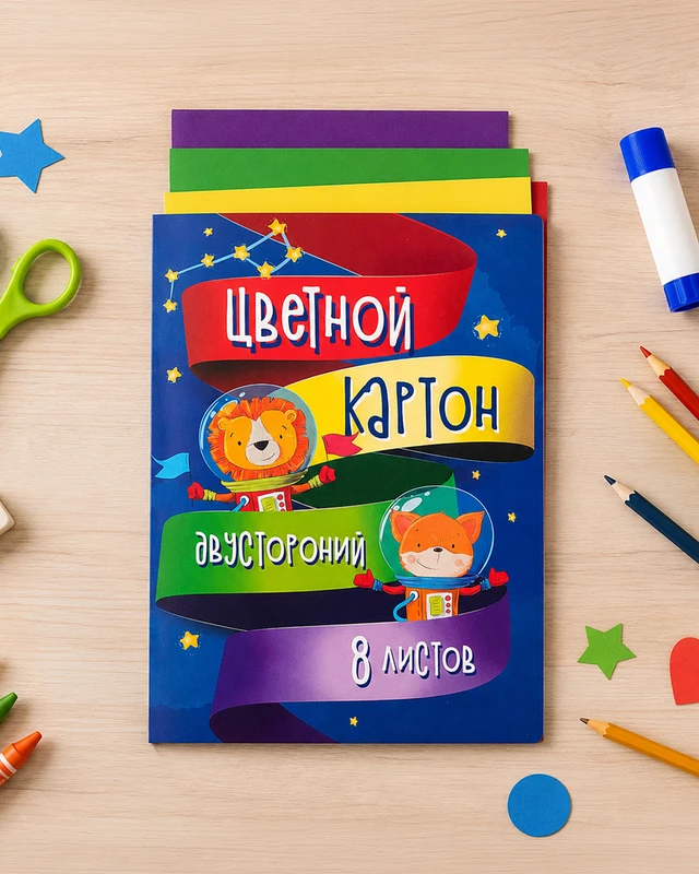 Картон цветной двусторонний, 8 листов, в ассортименте