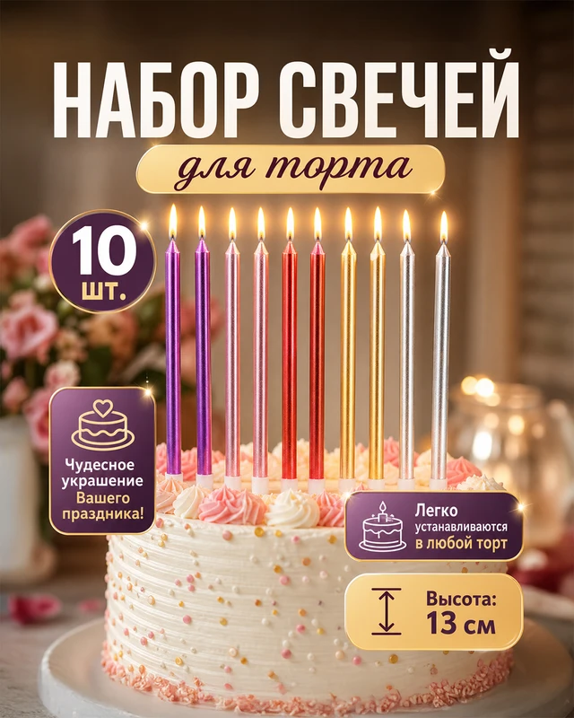 Набор свечей для торта, PARTY, 10 шт., в ассортименте