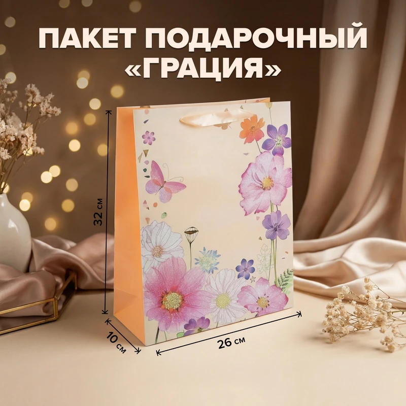 Пакет подарочный "Грация", 26х10х32 см, в ассортименте