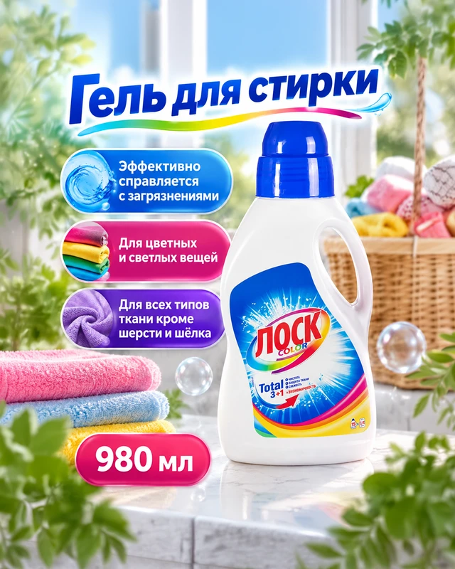 Гель для стирки "Колор", Лоск, 980 мл