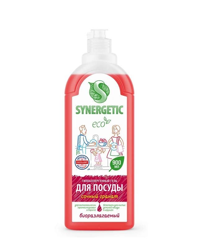 Гипоаллергенный гель для посуды, SYNERGETIC, 900 мл, в ассортименте