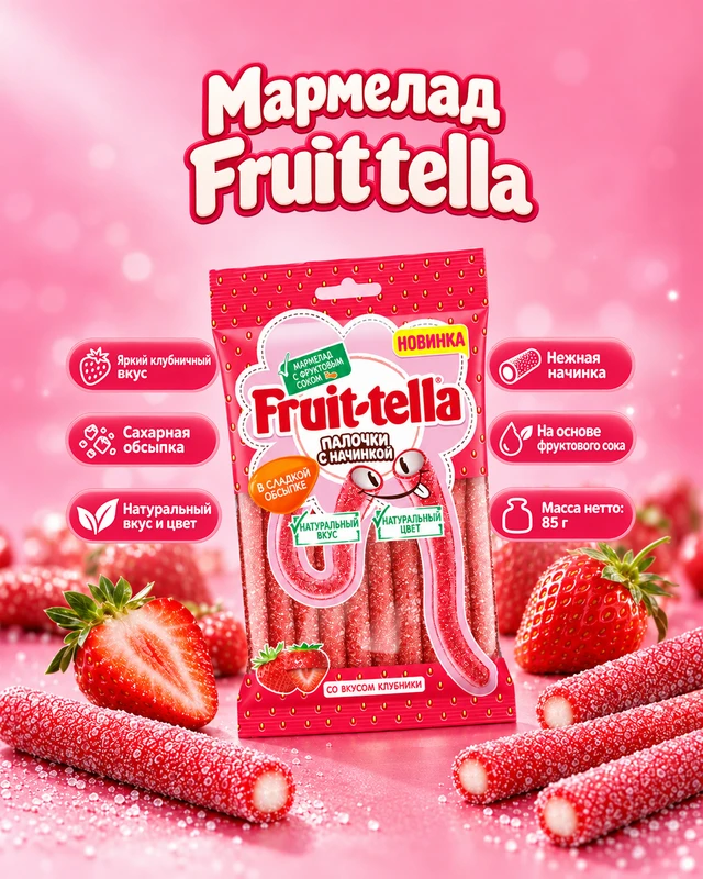 Мармелад "Палочки с начинкой", Fruittella, со вкусом клубники, 85 г