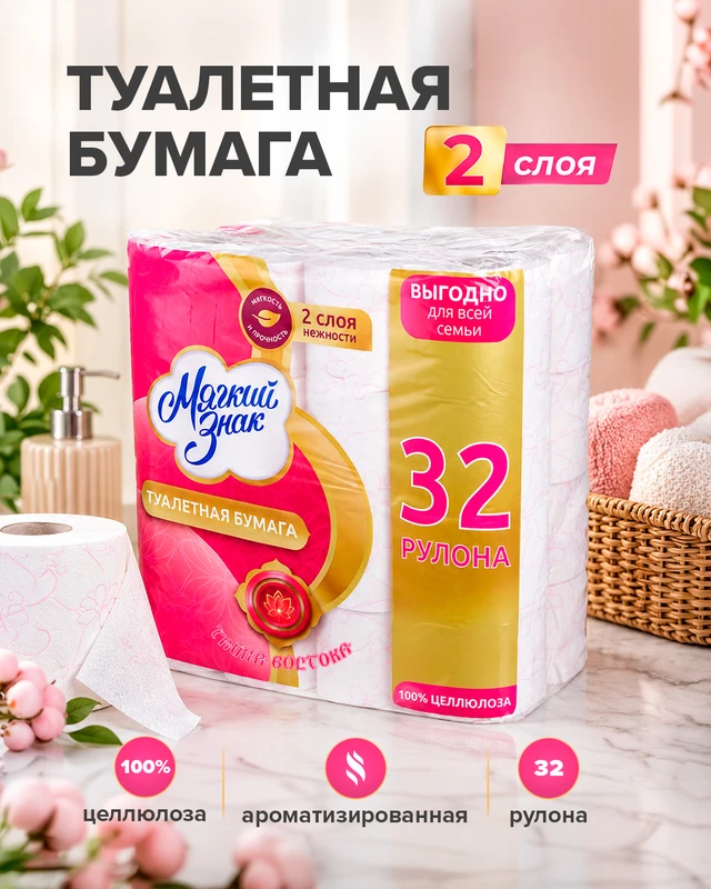 Туалетная бумага "Тайна Востока", Мягкий Знак, 2 слоя, 32 рулона