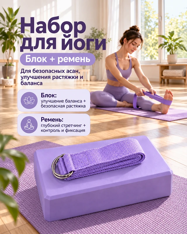 Набор для йоги (блок, ремень), 2 предмета, в ассортименте
