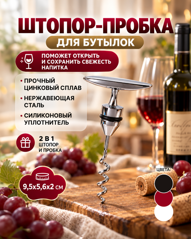 Штопор-пробка для бутылок, O'Kitchen, в ассортименте