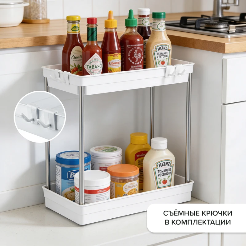 Полка настольная двухъярусная для кухни и ванной, 38х17х36 см