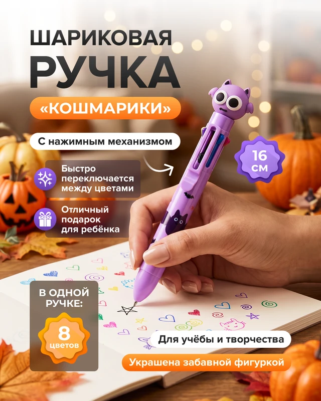 Ручка шариковая "Кошмарики", 8 цветов, в ассортименте