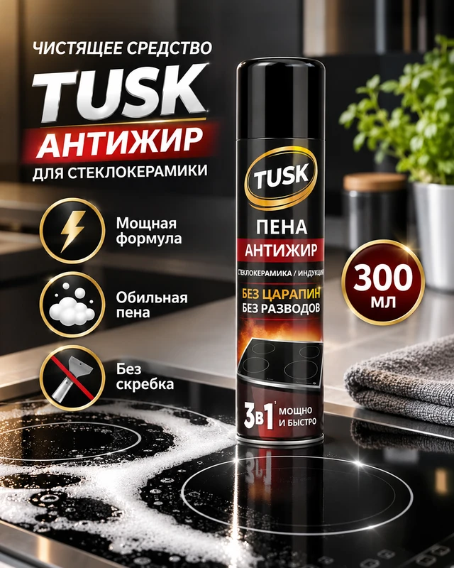 Чистящее средство для стеклокерамики "Пена-антижир", Tusk, 300 мл