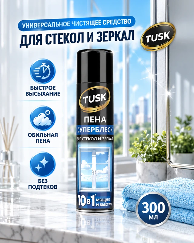Чистящее средство для стёкол и зеркал "Пена-суперблеск", Tusk, 300 мл