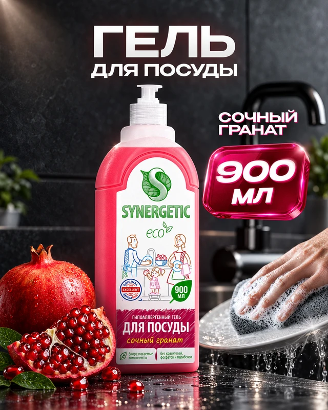 Гипоаллергенный гель для посуды, SYNERGETIC, 900 мл, в ассортименте