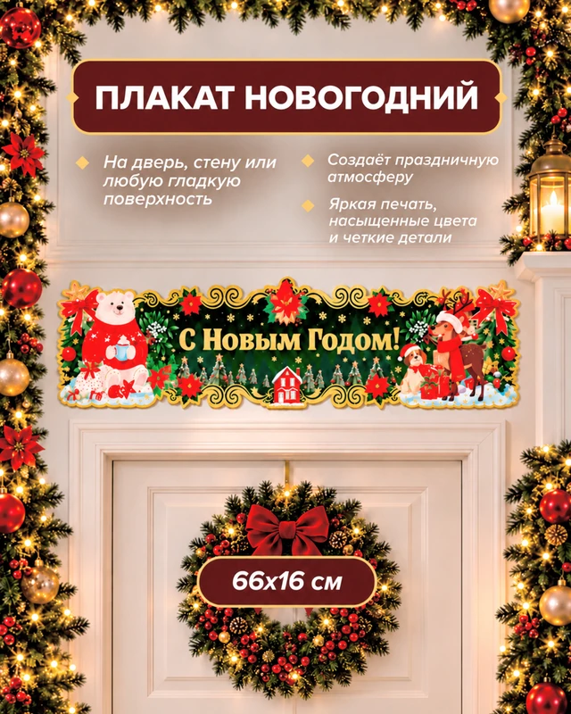 Плакат новогодний, Снежное кружево, 66х16 см, в ассортименте