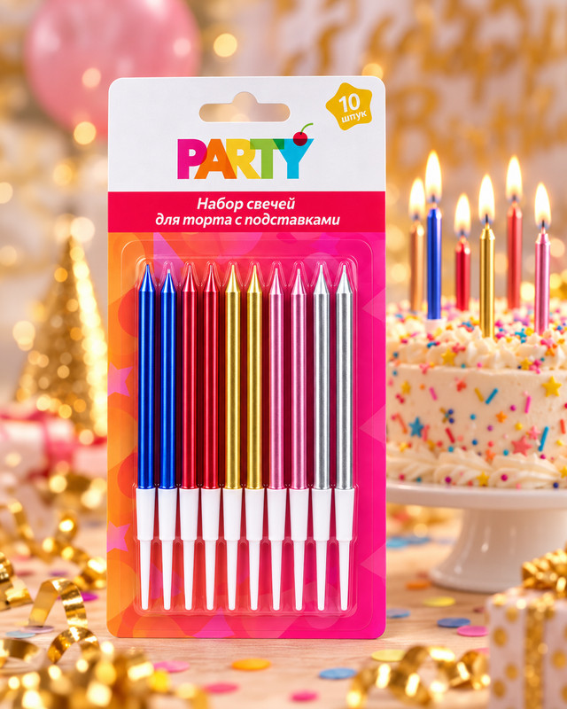 Набор свечей для торта, PARTY, 10 шт., в ассортименте