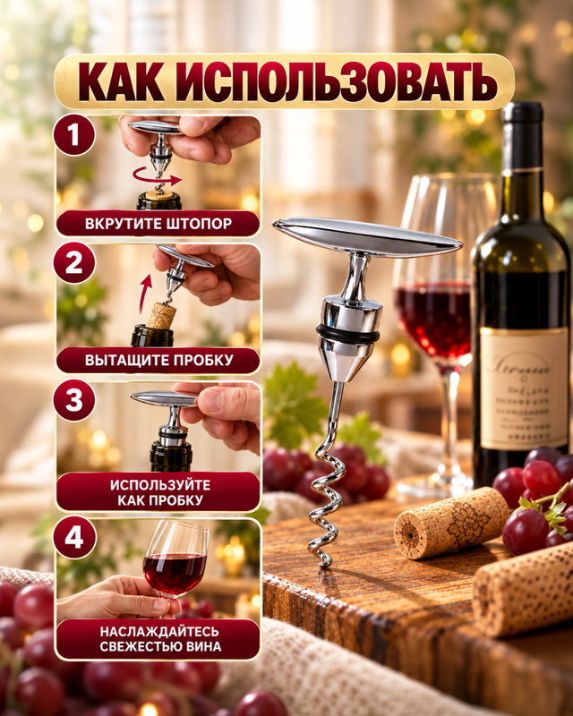 Штопор-пробка для бутылок, O'Kitchen, в ассортименте