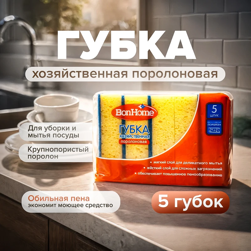 Губка хозяйственная поролоновая, BonHome, 5 шт.