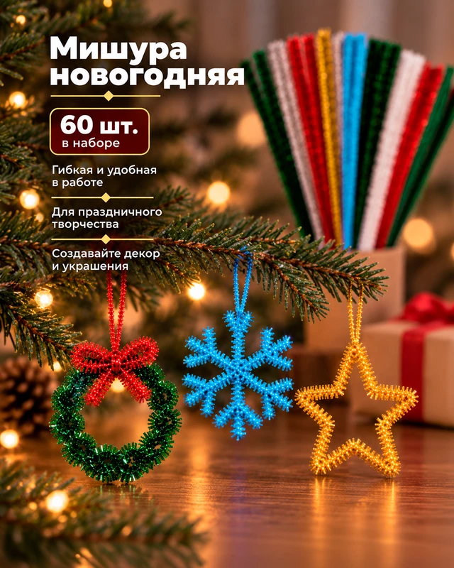 Мишура новогодняя, Снежное кружево, 30 см, 60 шт., в ассортименте