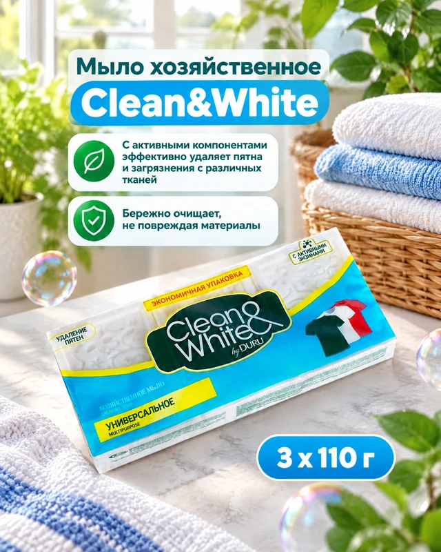 Мыло хозяйственное "Clean&White", DURU, 3х110 г