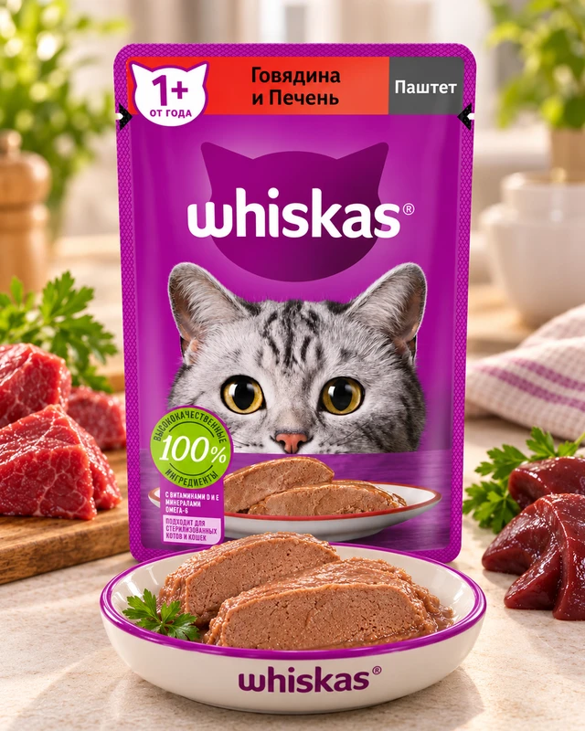 Корм для кошек, WHISKAS, паштет, говядина-печень, 75 г