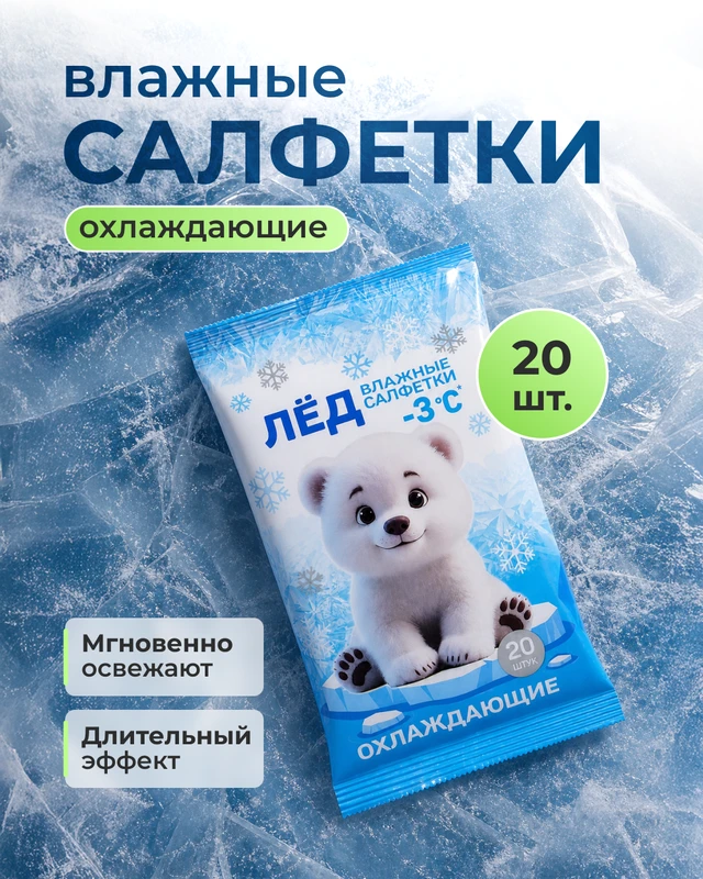 Влажные салфетки "ЛЁД", охлаждающие, 20 шт.