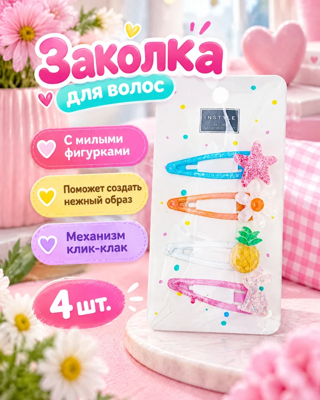 Заколка для волос, INSTYLE, 4 шт., в ассортименте