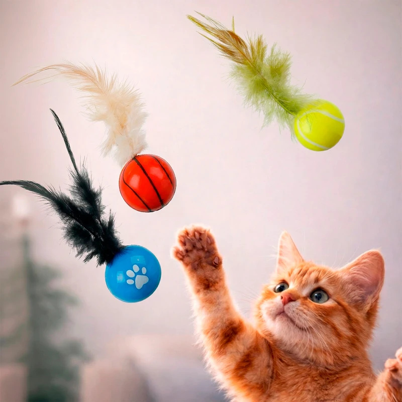 Мячики с перьями для кошек, Pet Club, 3 шт., в ассортименте