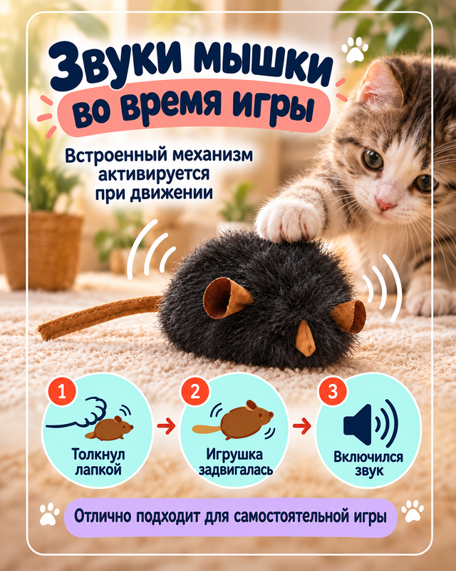 Игрушка для кошек "Мышка со звуком", Pet Club, 14х4 см, в ассортименте