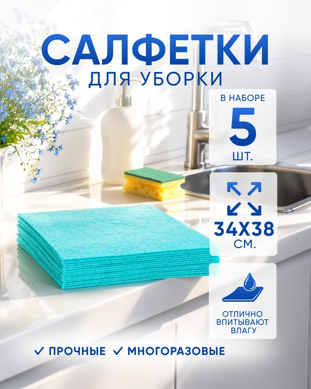 Салфетки универсальные, BonHome, 34х38 см, 5 шт., в ассортименте