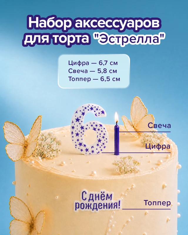 Набор аксессуаров для торта "Эстрелла": цифра, свеча, топпер, PARTY, в ассортименте