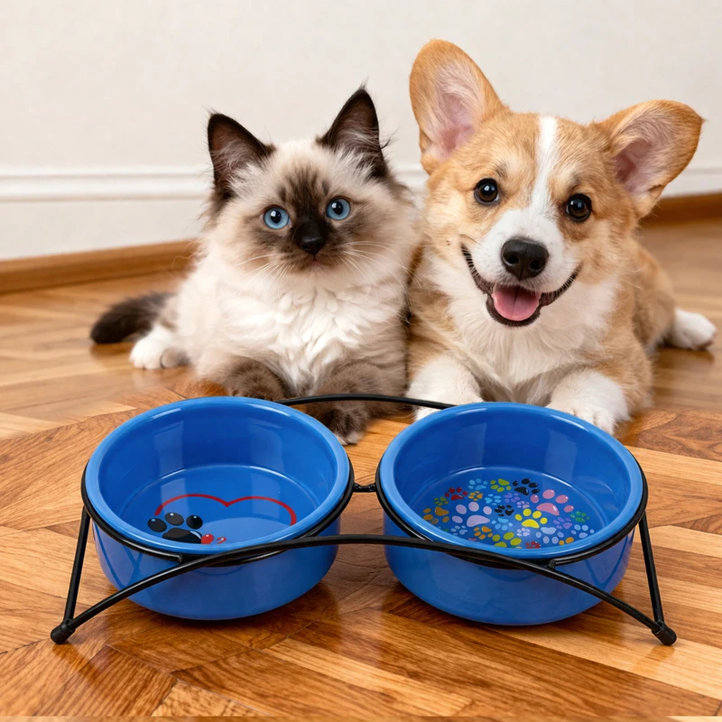 Набор керамических мисок на подставке, Pet Club, в ассортименте