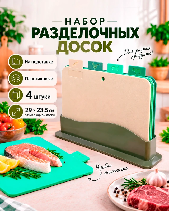 Набор досок разделочных на подставке, O'Kitchen, 4 шт., в ассортименте