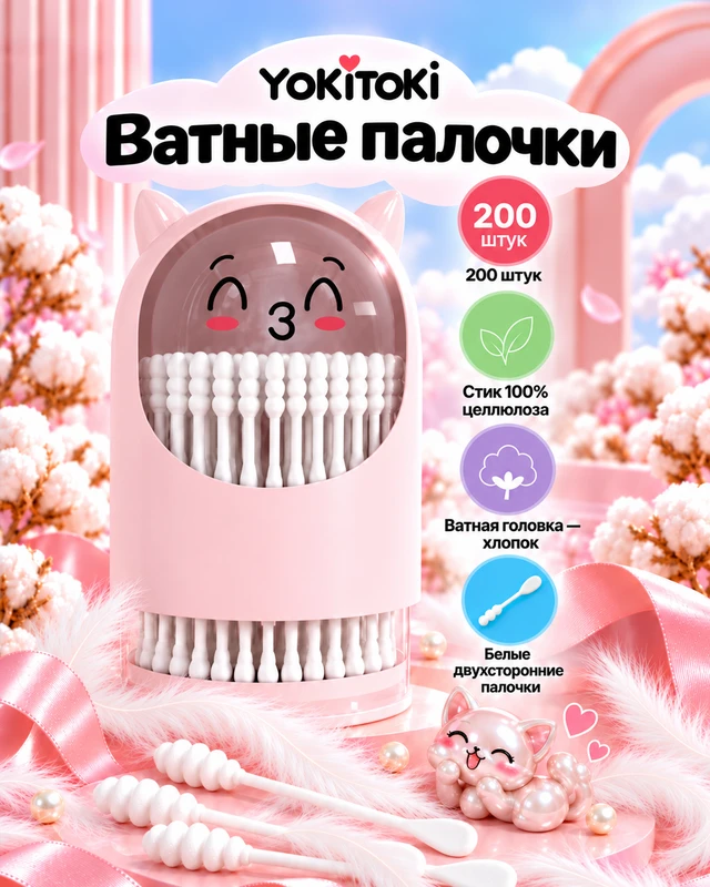 Ватные палочки, YOKITOKI, 200 шт., в ассортименте