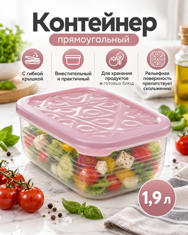 Контейнер прямоугольный, ПОЛИМЕРБЫТ, 1,9 л, в ассортименте