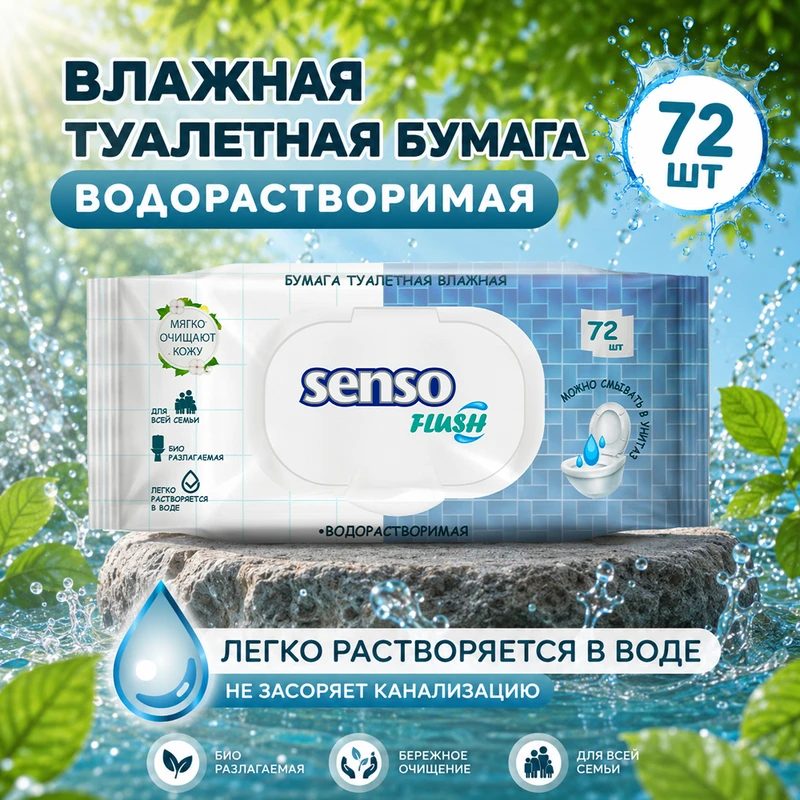 Туалетная бумага влажная "Flush", Senso, водорастворимая, 72 шт.