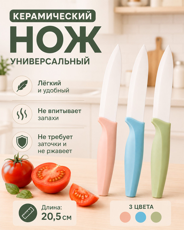 Нож керамический, O'Kitchen, 20,5 см, в ассортименте