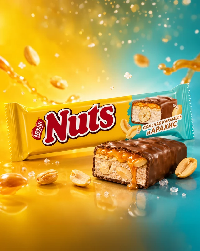 Батончик, Nuts, с солёной карамельной начинкой и арахисом, 60 г