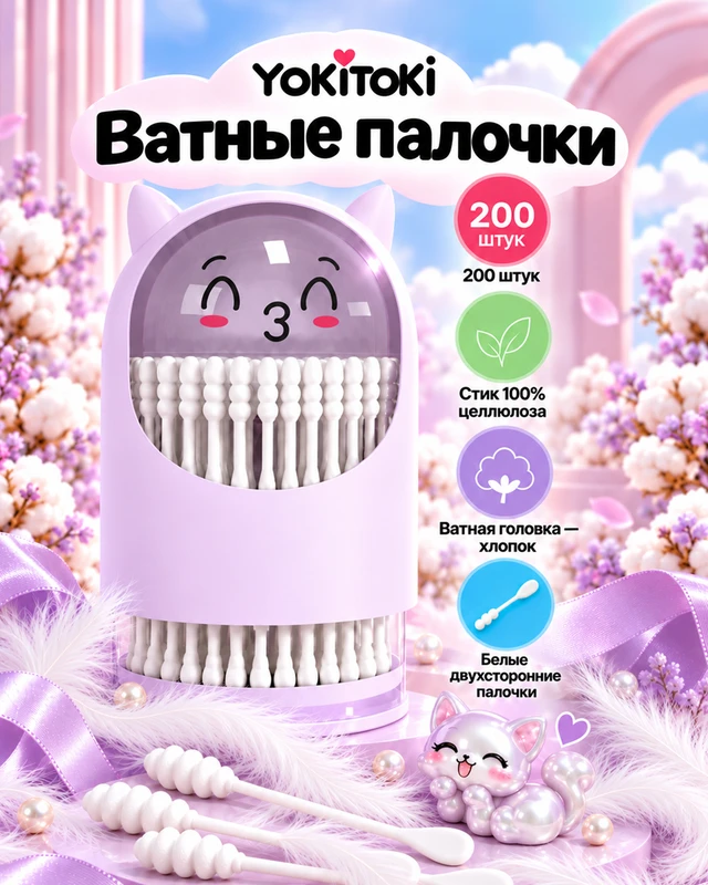 Ватные палочки, YOKITOKI, 200 шт., в ассортименте