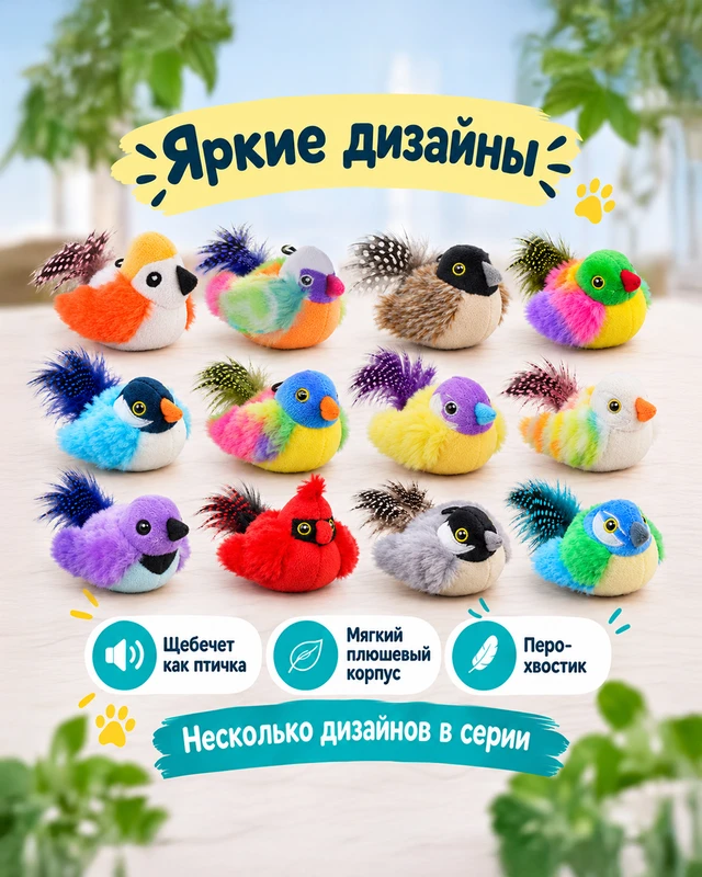Игрушка для кошек "Птичка со звуком", Pet Club, 10 см, в ассортименте