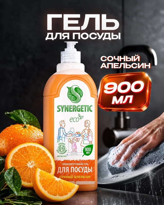 Гипоаллергенный гель для посуды, SYNERGETIC, 900 мл, в ассортименте