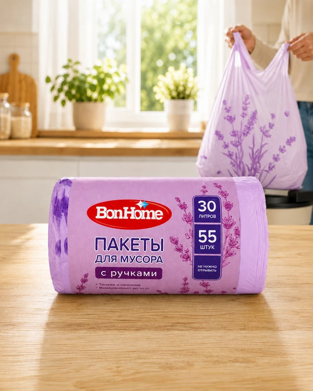 Пакеты для мусора с ручками с печатью, 30 л, 55 шт.