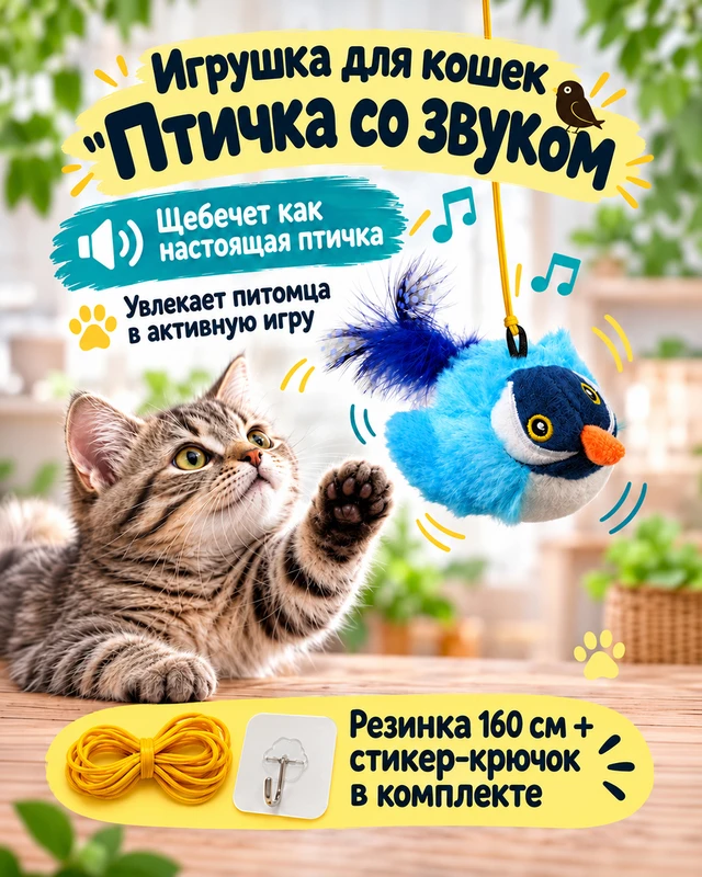 Игрушка для кошек "Птичка со звуком", Pet Club, 10 см, в ассортименте