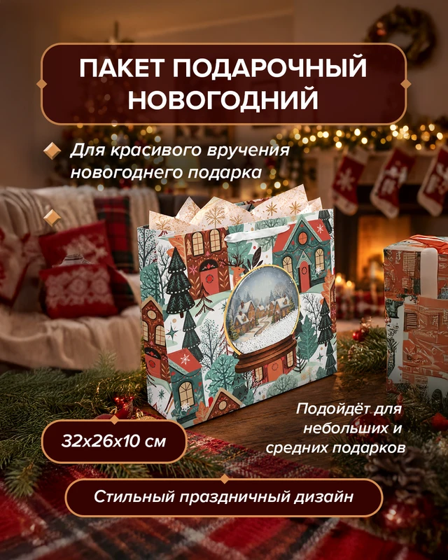 Пакет подарочный новогодний, Снежное кружево, 32х26х10 см, в ассортименте
