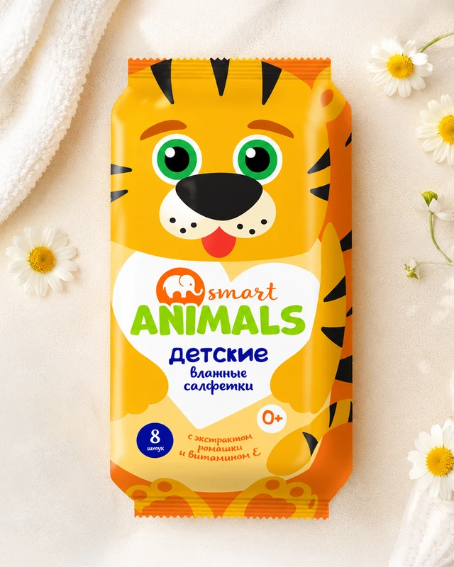 Салфетки влажные детские, Smart animals, 8 шт., в ассортименте