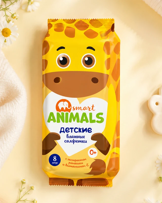 Салфетки влажные детские, Smart animals, 8 шт., в ассортименте